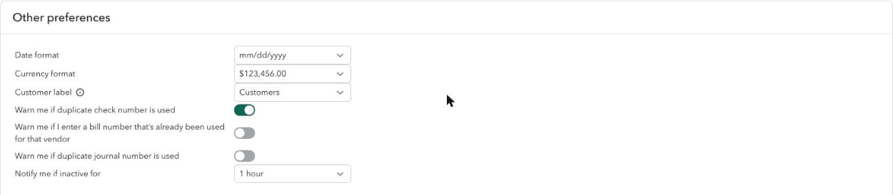 The Other preferences panel in QuickBooks Online advanced settings, showing the switch to warn when a bill number has already been used for that vendor turned off.