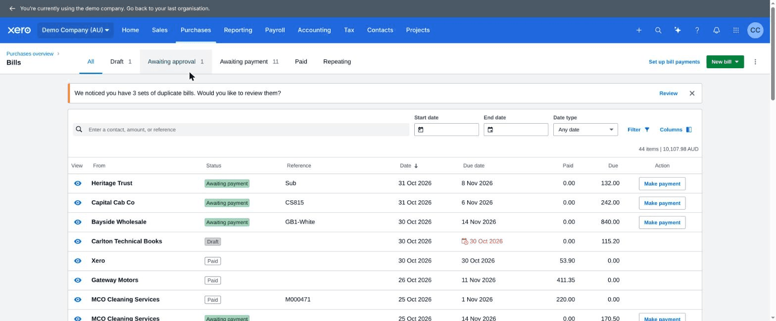 The Bills list in Xero’s Demo Company, with Draft, Awaiting approval, Awaiting payment and Paid tabs and a banner saying three sets of duplicate bills were found, with a Review link.
